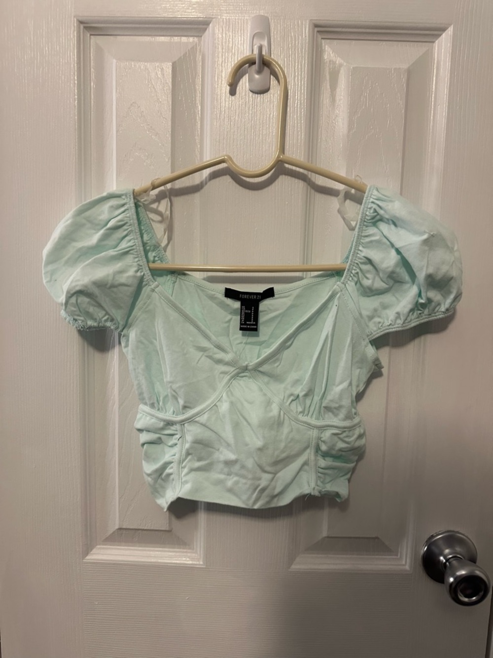 Forever 21 Mint Puff Sleeve Ruched Crop Top